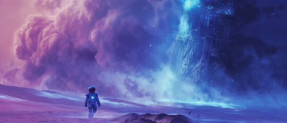 Wall Mural - Astronaut Exploring Alien Landscape with Giant Structure