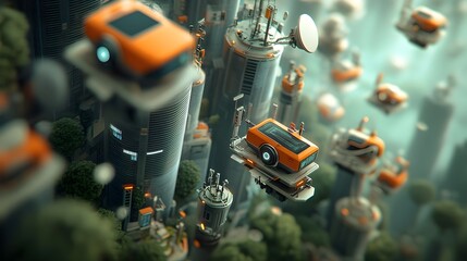 Aufkleber - Futuristic smart city with advanced fiber optic communication infrastructure towering skyscrapers with sleek metallic facades intricate network of 5G cellular antennas and satellite dishes