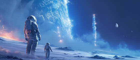 Wall Mural - Astronauts Explore Alien Planet With Blue Sky