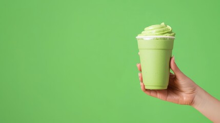 A hand holding a green gut-friendly smoothie with abstract swirling energy around it, Green smoothie, swirling energy, boosting gut health with nutritious drinks