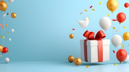 Poster - Minimalist 3D graphic design of a promotional sale banner with a floating gift box price discount symbol and social network logo  Ideal for e commerce online retail and digital marketing campaigns
