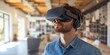 © James - Person wearing a VR headset and exploring virtual real estate properties and architectural designs, VR technology for immersive property tours and visualization in the real estate, Generative AI