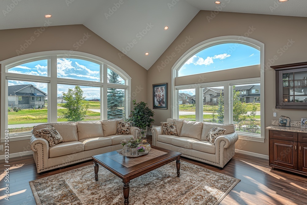 Living room interior with vaulted ceilings and large windows offering a ...