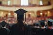 © Angelo - Female graduate student in cap and gown attending commencement ceremony in auditorium