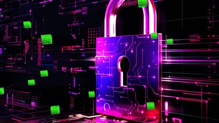 6 seconds of computer AI generated online virtual cybersecurity lock emitting colorful binary code in cubes flying out in a stream HD video 1920 1080, streaming communications security concept