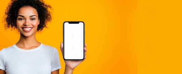 Cheerful Lady Showing Smartphone: Promoting an Online App with a Bright Smile and Clear Screen Display.