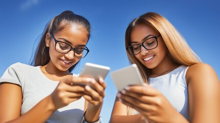 Two Happy Women: Teenage Friends Smiling and Using Smartphones Together for Online Connection and Friendship.