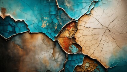 Canvas Print - Abstract close-up of cracked paint with teal, orange, and beige colors.