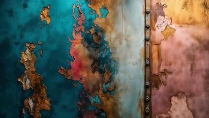 Wall Mural - Close-up of a weathered metal surface with a blue, gold, and pink color scheme.