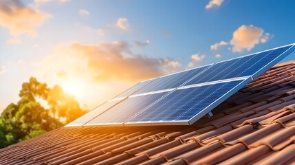 Aufkleber - A modern home with rooftop solar panels efficiently capturing sunlight and converting it into renewable clean energy to power the residential property  The solar technology provides an eco friendly