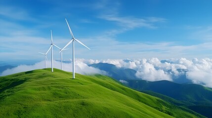 Spinning wind turbines on a lush green hill under a clear blue sky