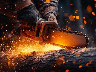 closeup man cutting wood with saw in action cutting wood and dust