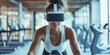 © James - Virtual Fitness person wearing a VR headset while exercising on a stationary bike treadmill, immersed in a virtual fitness environment with scenic routes and interactive workout, Generative AI