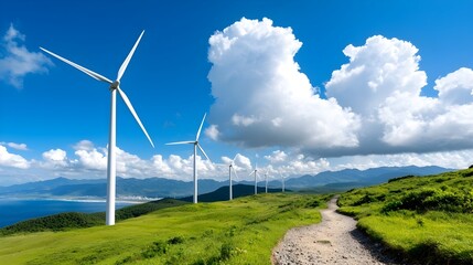 Poster - Majestic wind turbines lined up along a captivating coastal shoreline harnessing the power of the wind to generate clean sustainable electricity