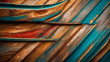 Poster - Close-up of weathered wooden planks with peeling teal paint, showing the natural wood grain.