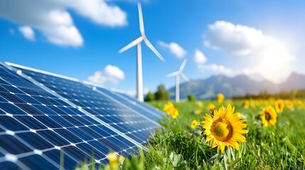 Aufkleber - A sprawling field of solar panels and wind turbines working in harmony to harness nature s renewable energy resources and generate clean efficient electricity for the modern grid