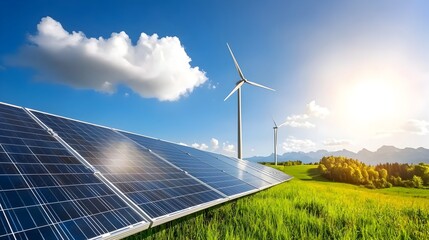 Leinwandbilder - Renewable energy farm with rows of solar panels and wind turbines working together to produce clean sustainable electricity for the grid