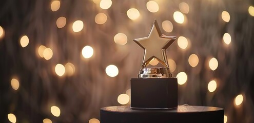 Wall Mural - golden star trophy on pedestal against blurred bokeh lights background