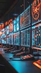 A row of computer monitors display data and information in a control room.