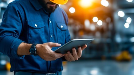 Fototapete - A construction engineer carefully reviewing digital drawings and plans displayed on a tablet device while standing near a variety of construction materials and equipment on a job site or worksite