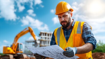 Fototapete - Blending Blueprints and Building Sites The Art of Construction Engineering Showcasing the Seamless of Architectural Plans and Active Construction Scenes