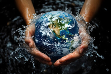  Hands holding Earth with splashing water, symbolizing planet protection, sustainability, environmental care, water conservation, and global responsibility, vibrant, natural elements, Earth Day