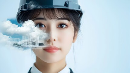 Fototapete - Double exposure image depicting an engineer in safety gear such as a hard hat with a building site and architectural plans overlaid in a layered abstract composition