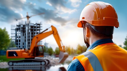 Fototapete - Double exposure image of a safety geared engineer standing amidst a building site with architectural plans and technical drawings overlaid highlighting the of design engineering