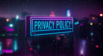 Wall Mural - neon sign displaying privacy policy glowing in rainy urban setting with bokeh lights