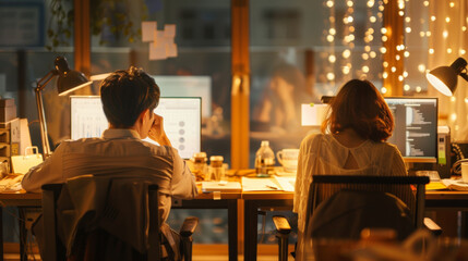 In cozy office setting, two individuals work intently at their desks, illuminated by warm lights and computer screens. atmosphere is focused and collaborative, perfect for productivity