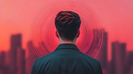 Poster - Cutting edge futuristic digital security network system featuring a sleek holographic interface advanced biometric authentication and ethereal aesthetics in a retrofuturistic urban cityscape