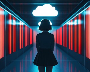 Poster - Silhouette of a woman in a digital corridor