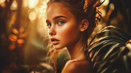 A young woman with golden skin and bright blue eyes looks intensely at the camera in a natural setting.