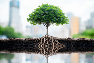 Poster - A tree with its roots in the ground and a reflection of it in the water