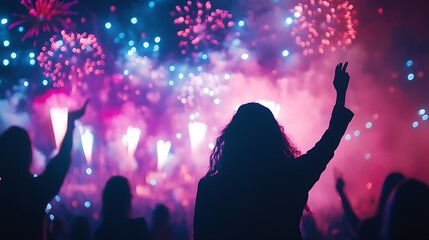 Close-up of colorful fireworks exploding in the sky, with silhouettes of excited people celebrating the New Year against a city backdrop 
