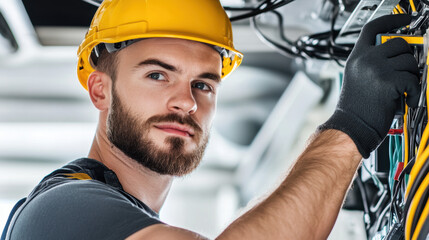 Technician using a multimeter to check network cables