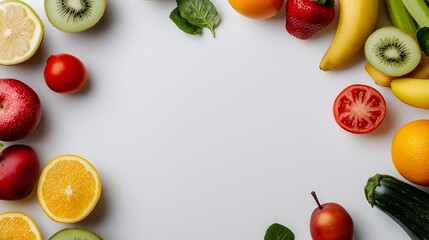 An array of fresh colorful and organic produce including various ripe fruits and vegetables floating in a serene minimalist still life setting against a crisp white background