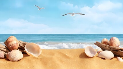 Poster - Tranquil coastal landscape with golden sand glistening seashells sun kissed driftwood and gentle waves lapping the shore  Seagulls soar overhead in an impressionistic watercolor painting with a soft