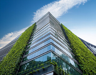 modern green plant building office facade with sky cloudy in summer day