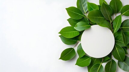 Poster - Graceful Ficus Benjamina houseplant leaves in a full frame circular arrangement with delicate hanging branches and a pure white background with precise clipping path