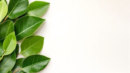 Poster - Lush green Ficus Benjamina leaves arranged in a delicate circular composition showcasing the natural beauty and elegance of weeping fig foliage in a clean isolated botanical still life setting