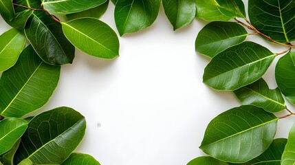 Poster - Vibrant and graceful foliage of the Ficus Benjamina or Weeping Fig arranged in a beautiful circular pattern against a crisp clean white backdrop