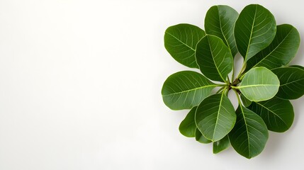 Poster - Meticulously composed radial pattern of Ficus Benjamina foliage an isolated weeping fig specimen photographed on a pristine white surface with seamless clipping path