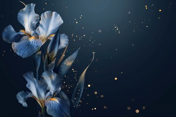 Golden iris branches on elegant dark background. Wedding invitations, greeting cards, wallpaper, background, printing, poster, social ads, banner	