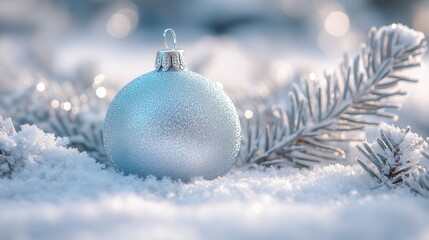 A shimmering silver ornament lies nestled among soft snowflakes on a bed of pine branches. The tranquil winter scene reflects the serene beauty of the holiday season, inviting a sense of warmth and jo