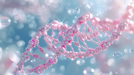 beautiful spiral of pink dna double helix with light bokeh and bubbles, gracefully floating on a blu