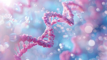 Beautiful spiral of pink DNA double helix with light bokeh and bubbles, gracefully floating on a blue background