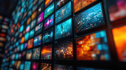 A wall of multiple television screens displaying different channels and news. A media concept for information overload and digital communication