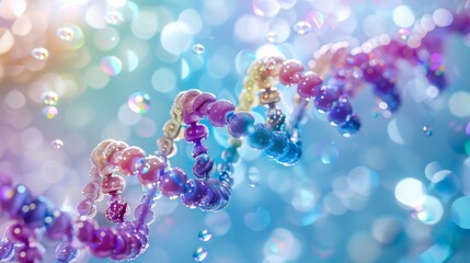 Beautiful spiral of rainbow DNA double helix with light bokeh and bubbles, gracefully floating on a blue background