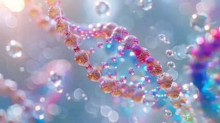 Beautiful spiral of rainbow DNA double helix with light bokeh and bubbles, gracefully floating on a blue background